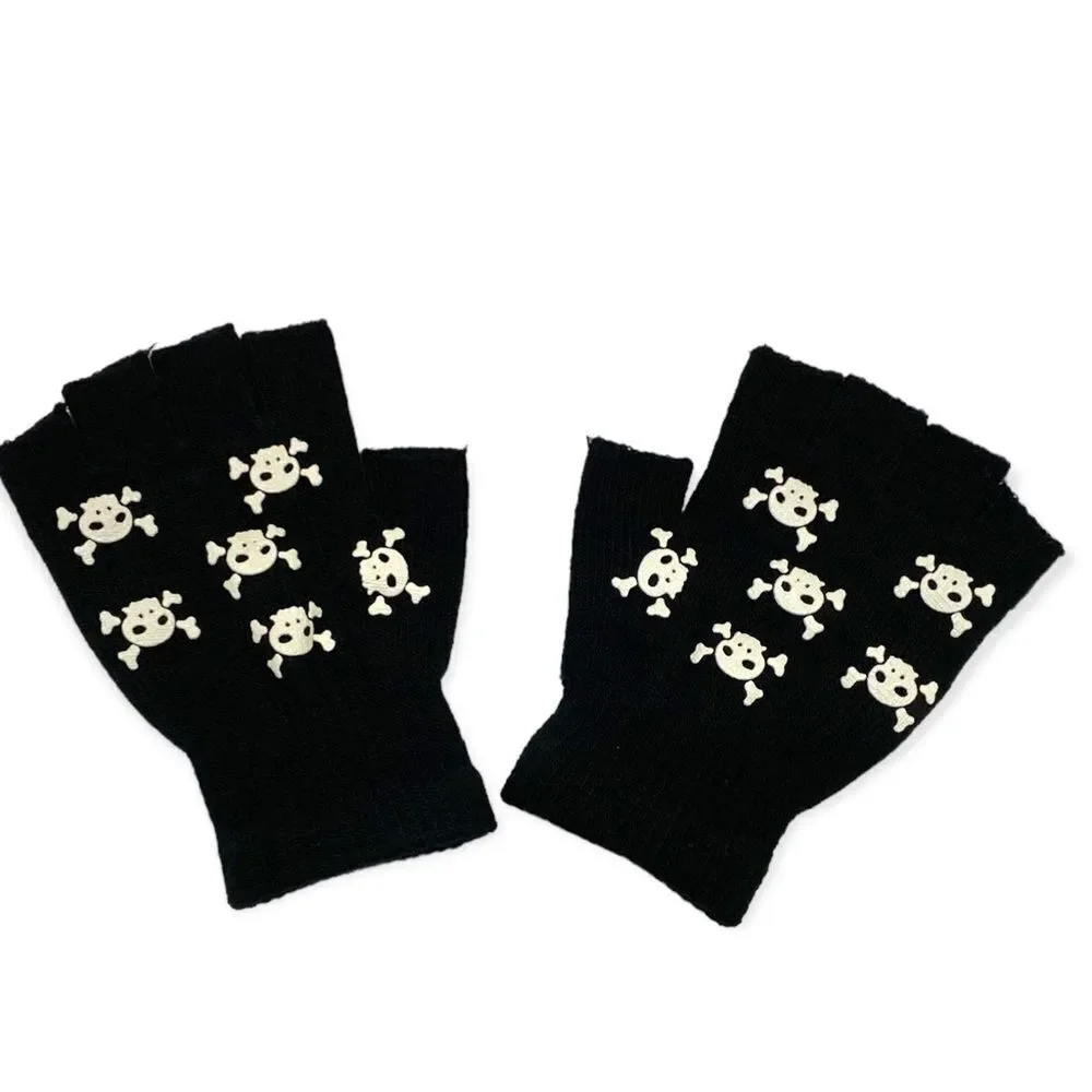 Raves Glow In The Dark Skeleton Bones Black Knit Arm Warmers Gloves NEW